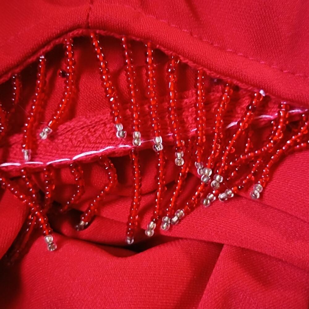 Vintage Y2K Red Keyhole Halter Dress Small Open Back Beaded Handkerchief Hem - Picture 9 of 13